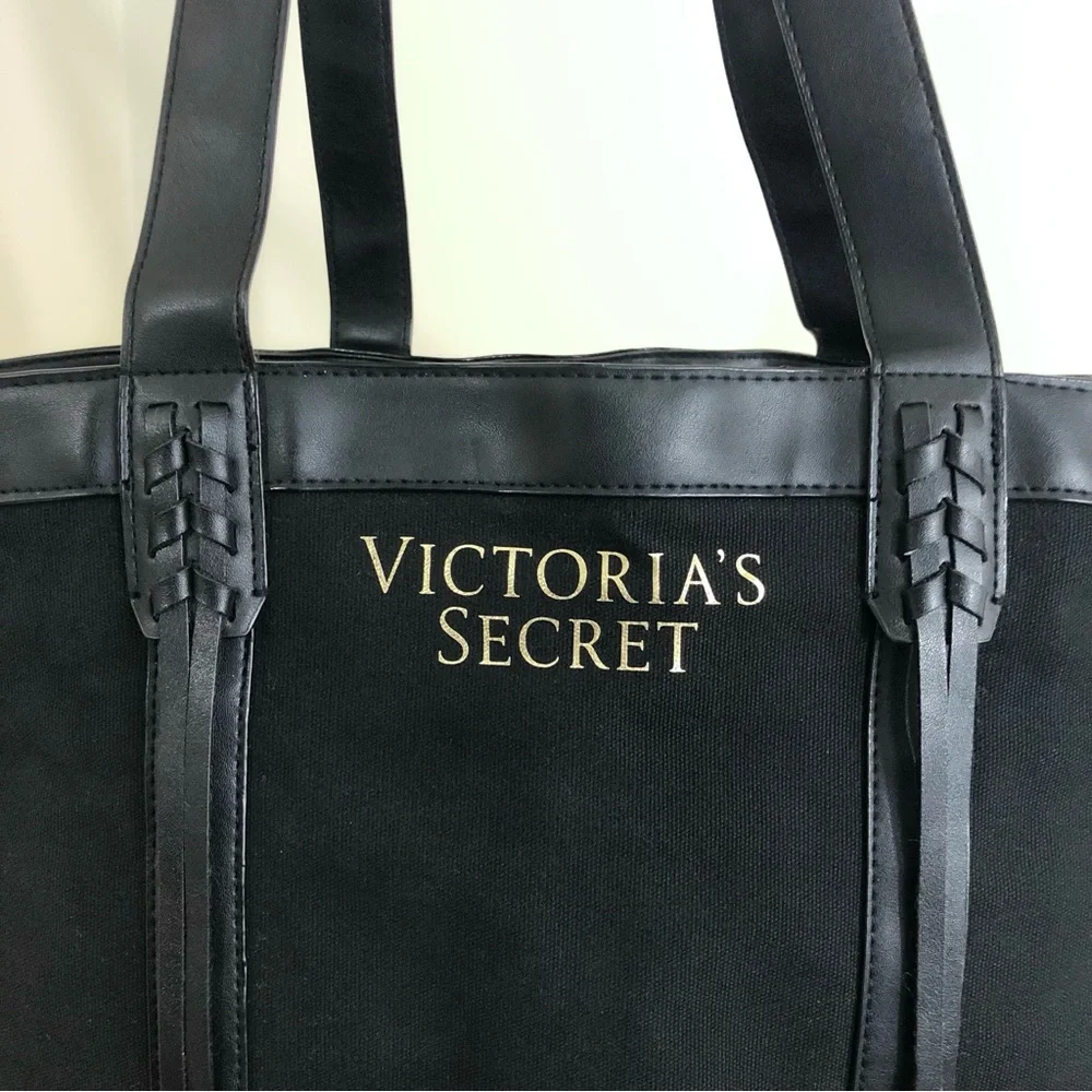 Extra Large Victoria’s Secret Black VS Tote Bag Shoulder Gold Faux Leather - Picture 2 of 11
